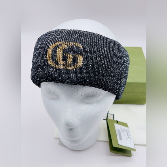 ❌SOLD❌NWT Authentic GUCCI Black Metallic Lurex Headband Logo GG Size M (57cm) - Picture 6 of 12